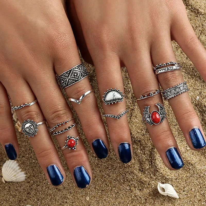 

Bohemian Hand Arrow Shell Shape Ring Set Geometric Flower Star Mosaic Crystal Ancient Silver Ring For Female Wedding Jewelry