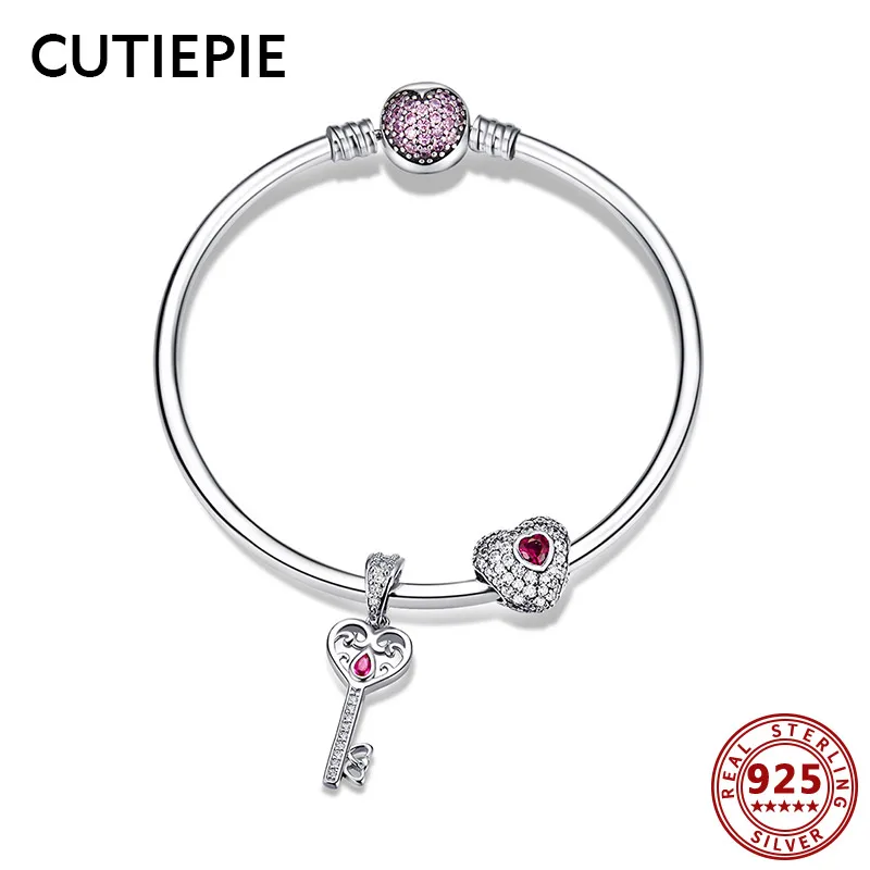

CUTIEPIE Newest 100% Real 925 Sterling Silver Romantic Key Lock Heart Bracelets for Women Chain Link Bead Charm Bracelet Jewelry