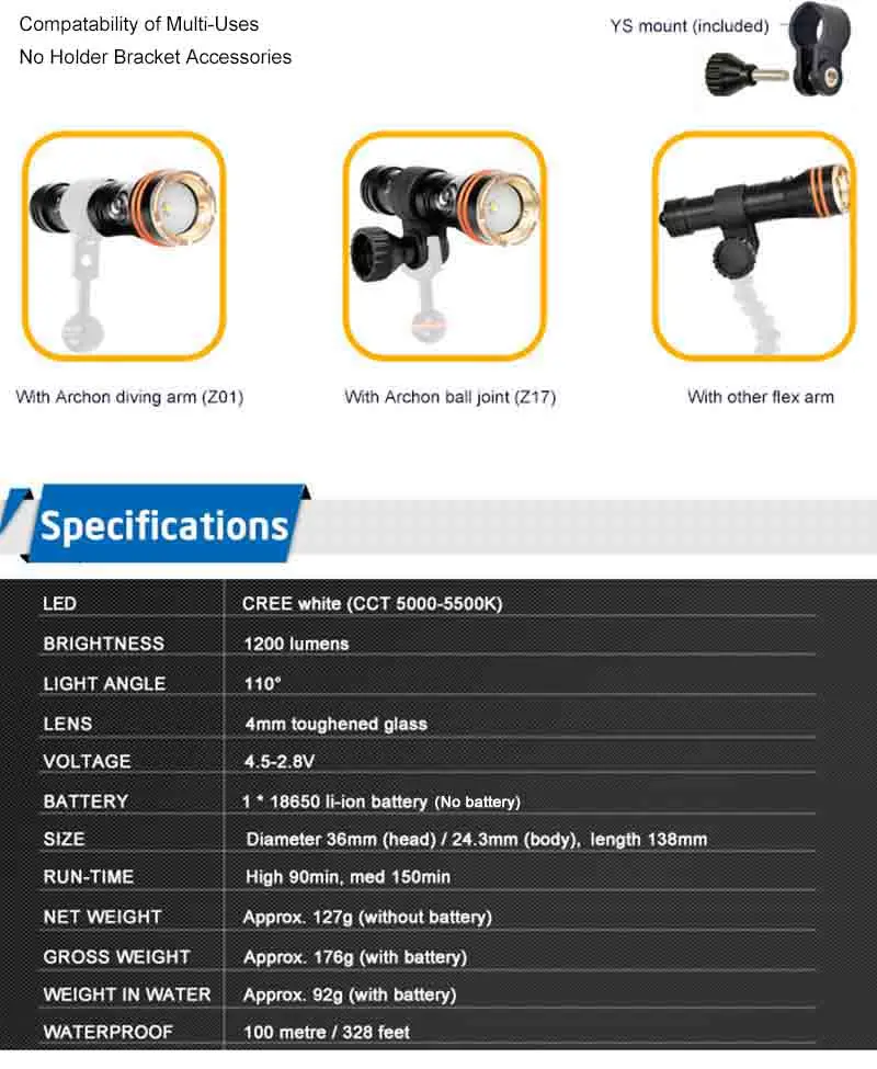 ARCHON D11V-II D11V w17v-ii w17v Дайвинг фонарик Подводные Пятно Света Tauchlampe XM-L2 U2 фотографии видео лампы факел 18650