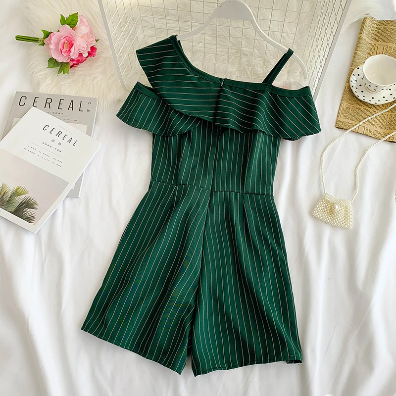 Women's summer sexy one shoulder stripe Playsuits Lady's Vintage high waist Wide leg shorts beach vacation Jumpsuits TB1057 | Женская