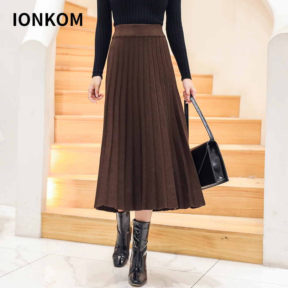IONKOM эластичная высокая талия элегантная юбка женская одежда Свинг плиссированные до середины икры трикотажные юбки Женская Осенняя повседневная юбка средней длины