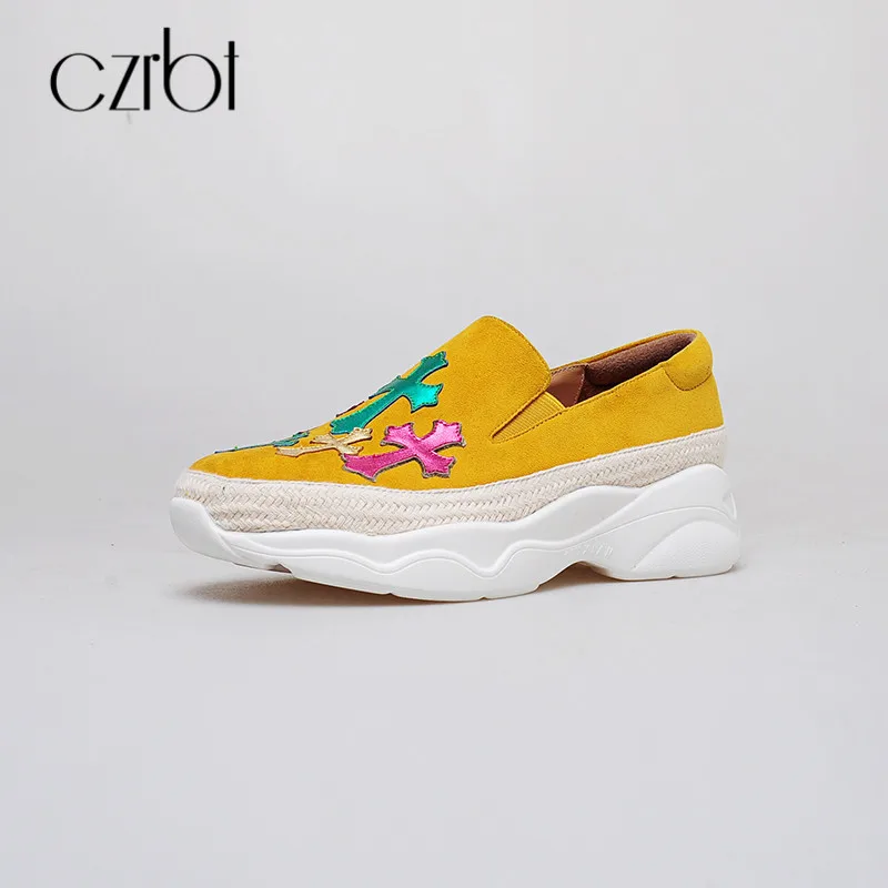 

CZRBT Big Size Women Shoes Slip On Ladies Flat Shoes Kid Suede Platform Shoes Women Loafers Appliques Casual Height Increasing