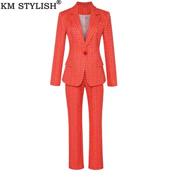 

2019 Autumn New catwalk women set ladies one button floral suit jacket + printed feet pants two-piece sets