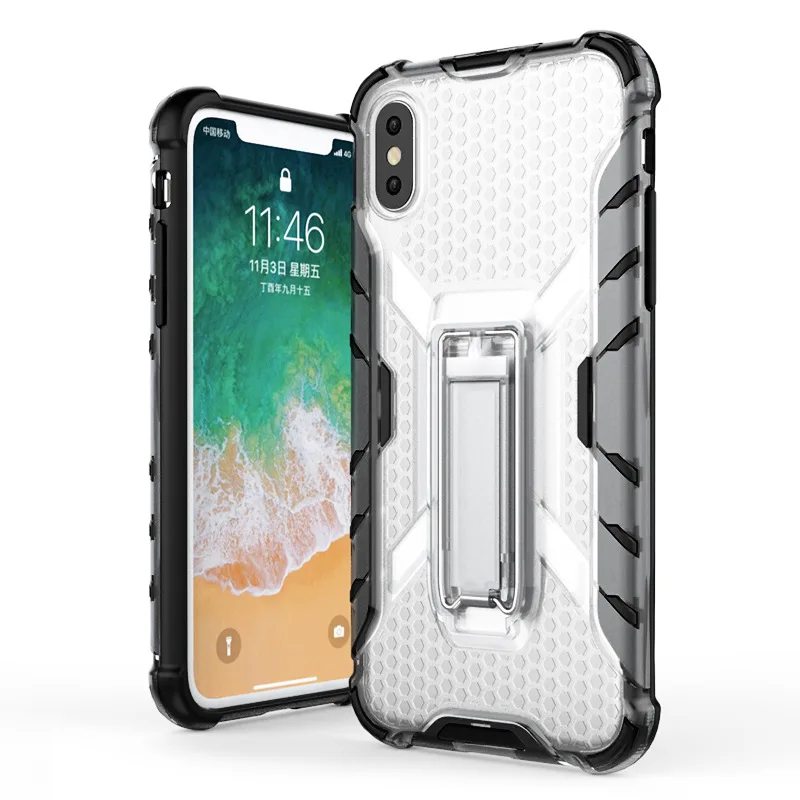 IPhone X Case Half Transparent Hard Cover with Bracket Kickstand TPU+PC Anti-knock Shockproof Phone Case for Iphone 6 6s 7 8Plus