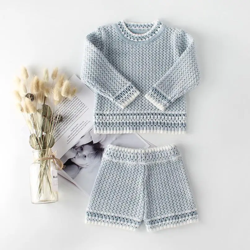 

Good Quality Cotton Knitted Sweaters Girls Clothes Sets Long Arm New -born Sweaters Clothing + Shorts 2 Pieces Children Baby Set