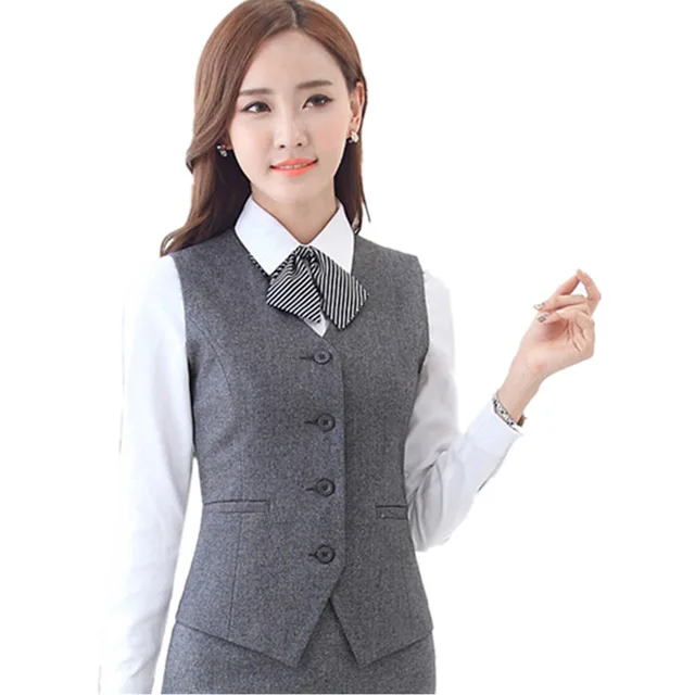 Slim Short Gray Work Women's Vest V Neck Formal Waistcoat for Women