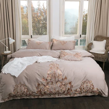 

60S 100% Cotton Wedding Six-piece Knit Home Bedding Gold Embroidery Duvet Cover Set Pillow Cover White Queen King YM14