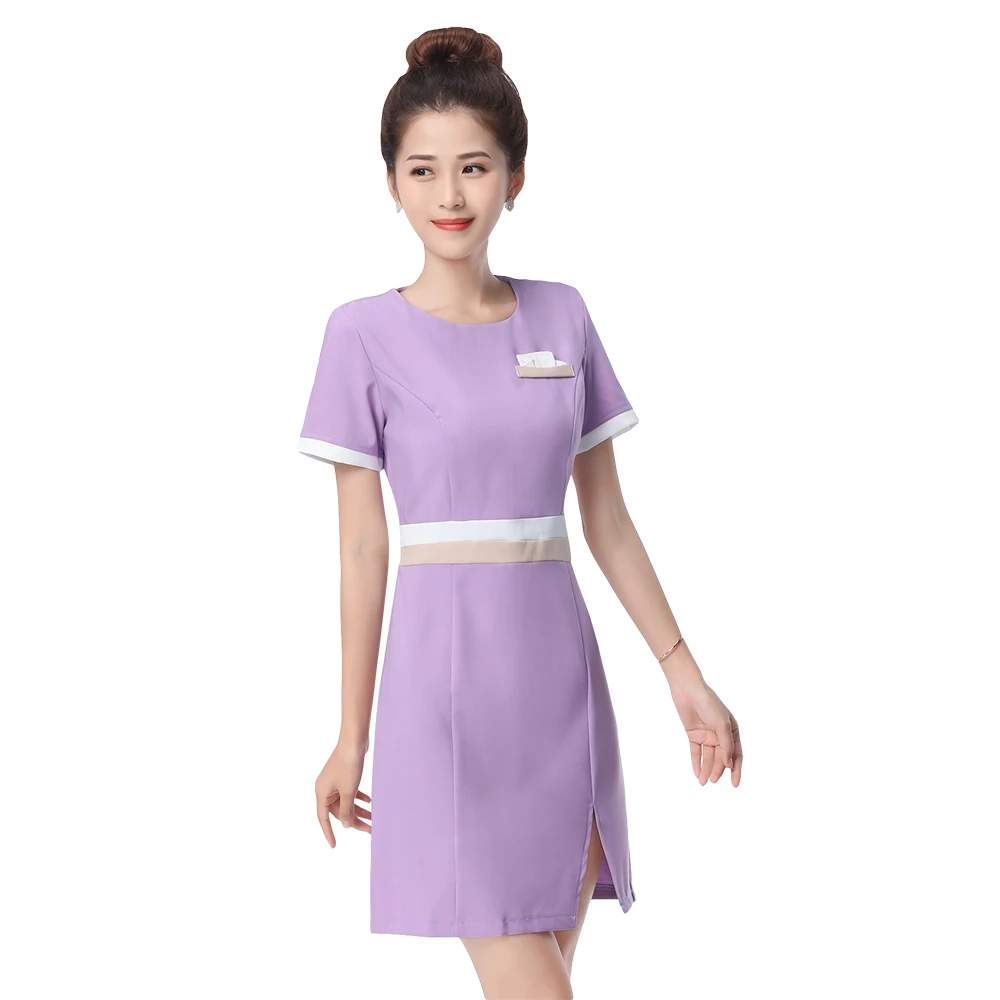 4 цвета, Новое поступление, униформа официанта отеля для женщин, с коротким рукавом, медицинская лабораторная униформа, для салона красоты, спа, модная рабочая одежда, скрабы - Цвет: Фиолетовый