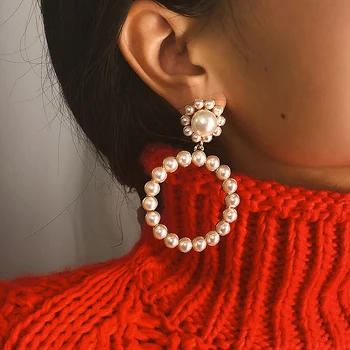 

Aensoa Trendy Crystal Round Pendant Drop Earrings For Women Fashion Pearl Charm Statement Jewelry Wedding Earrings Female