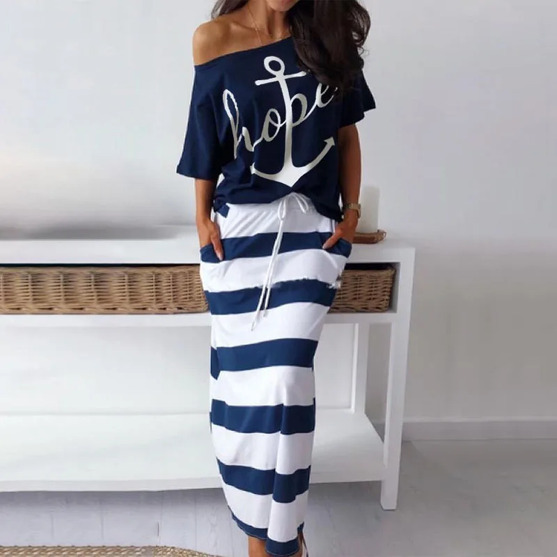 

Two piece set women Boat anchor print tops striped skirts sets Summer 2019 casual loose tracksuit 2 piece outfits for woman