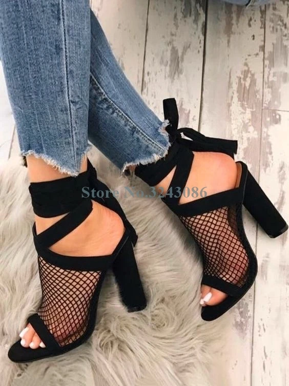 

Black Suede Mesh Ankle Strap Thick Heel Sandals Open Toe Cross Tied High Heel Sandal Green Hollow Out Buckle Strap Summer Shoes