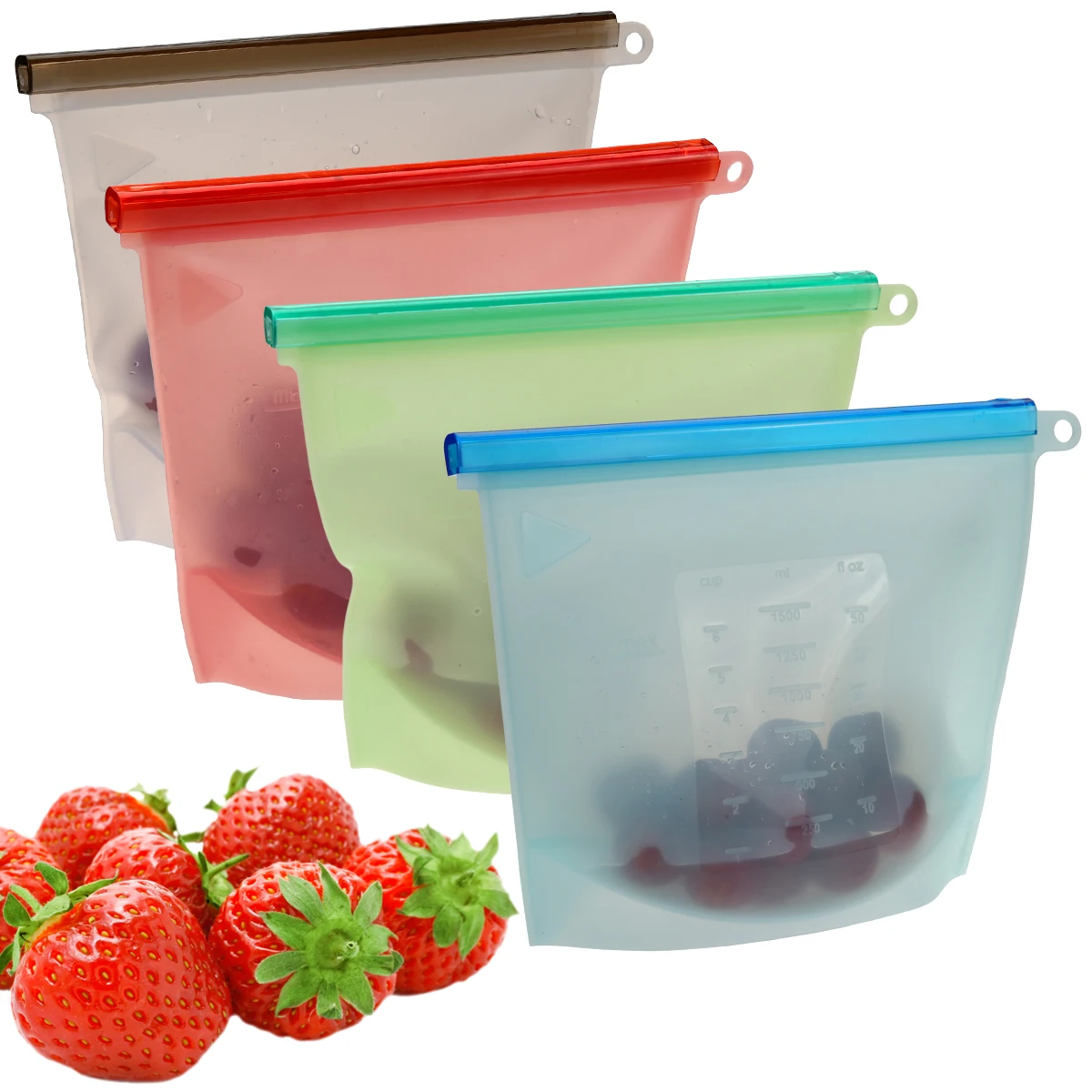 

4 Reusable Silicone Food Bags-for Kitchen Storage,Meal Prep,Milk-Ziplock Air-Tight Seal-Freezer Microwave Oven Safe-BPA Free