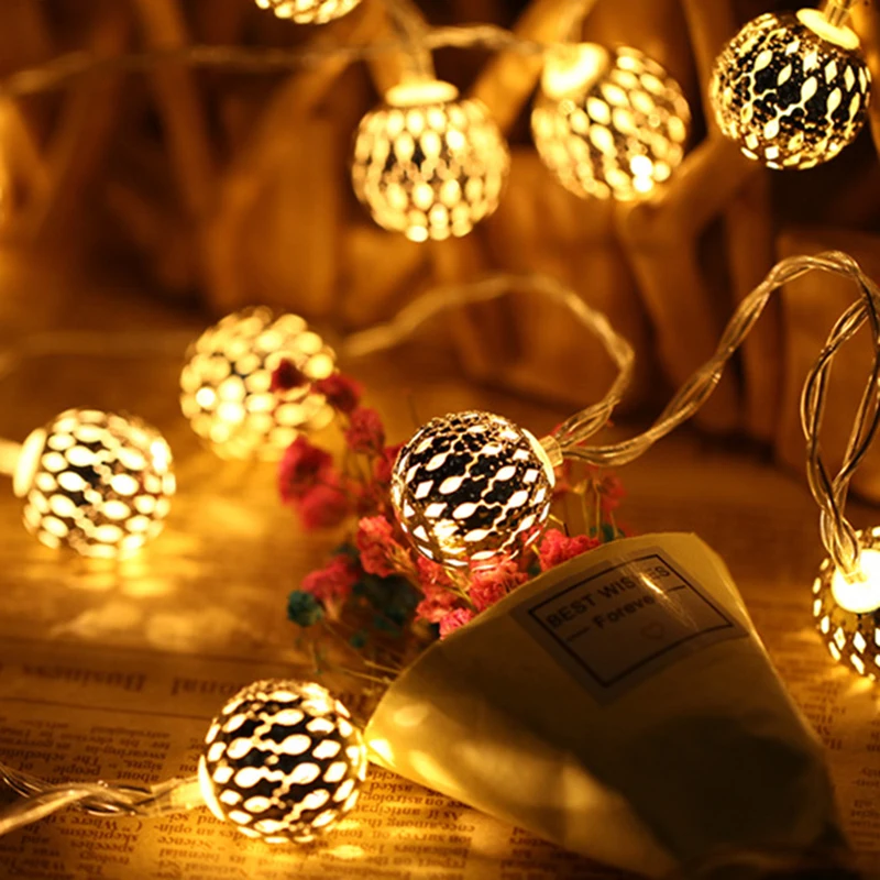 

BTgeuse Morocco Ball LED Lamp Iron Creative Ball String Light for Decor Party Wedding Christmas Valentine's Day 3M 5M Garland