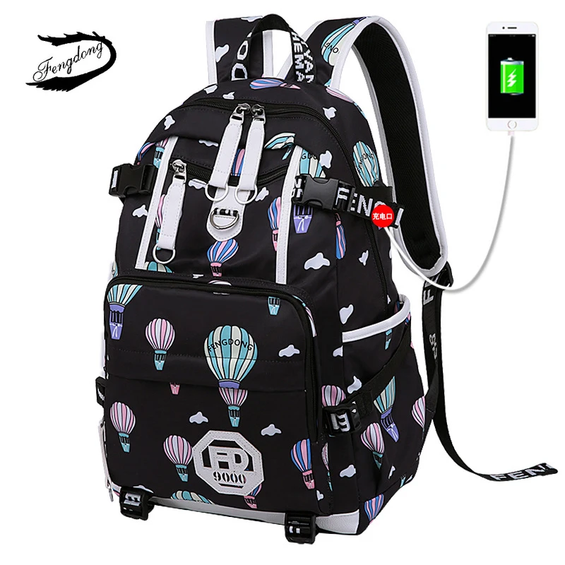 

FENGDONG Woman Cute Printing Nylon Bookbag USB Charging Travel Laptop Backpack Durable School Bag For Teenage Kids Work Bagpack