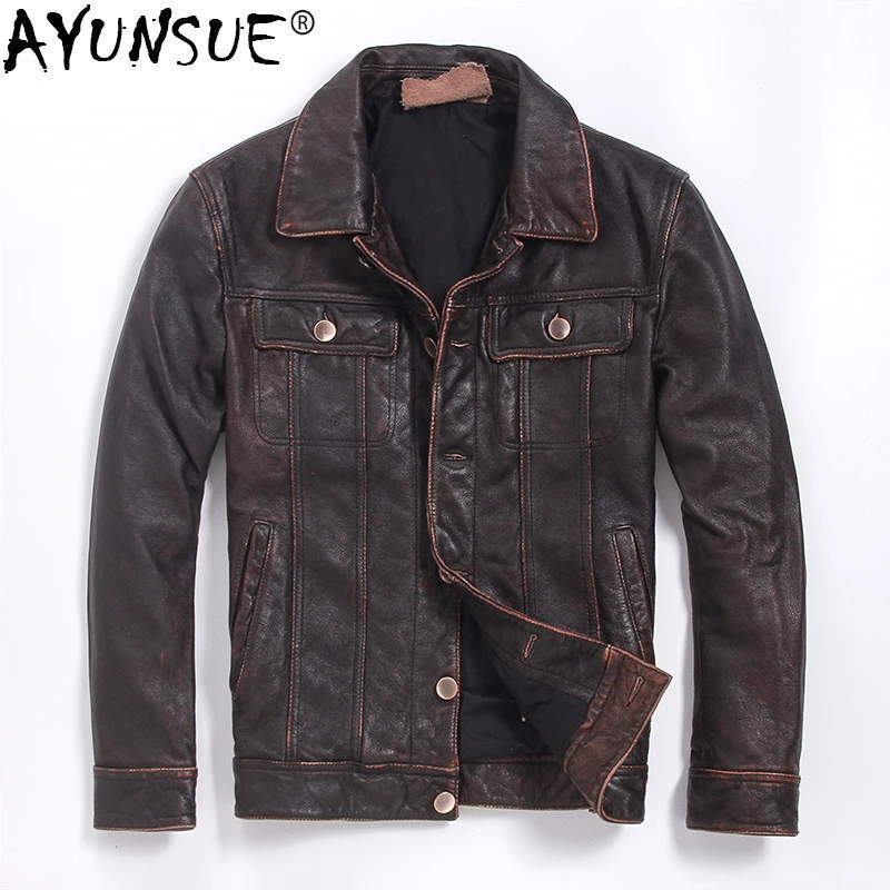 

AYUNSUE Genuine Cow Leather Jacket Men Vintage Real Cowhide Coat Plus Size Motorcycle Jackets Cazadora Cuero M-L-Z-11 KJ1310