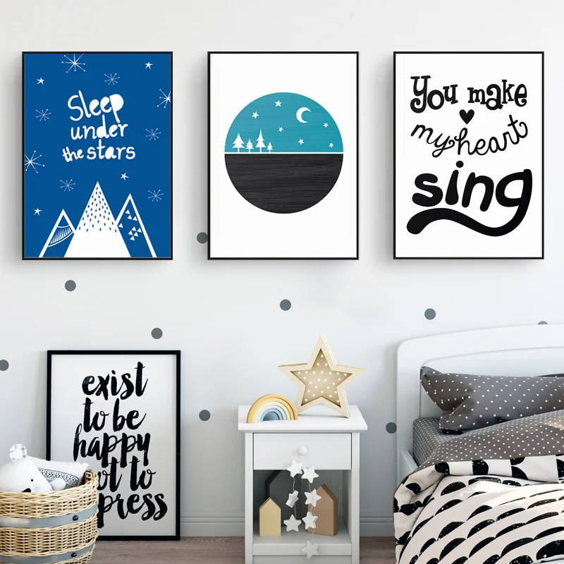Cartoon Sleep Under Stars Moon Blue Sky Nursery Decor Canvas Paintings