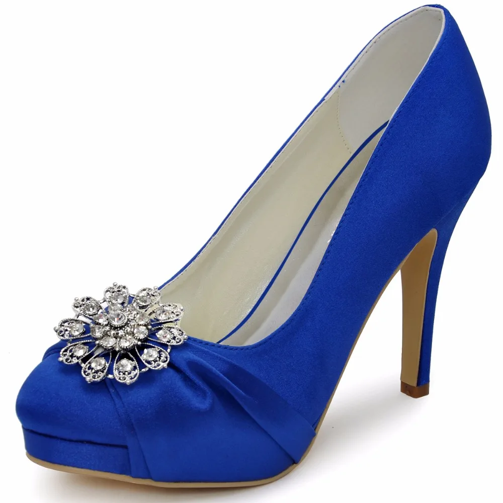 

Women Bridesmaids High Heel Platforms Pumps Satin Rhinestones Blue Evening Party Bride Wedding Shoes EP2015-PF