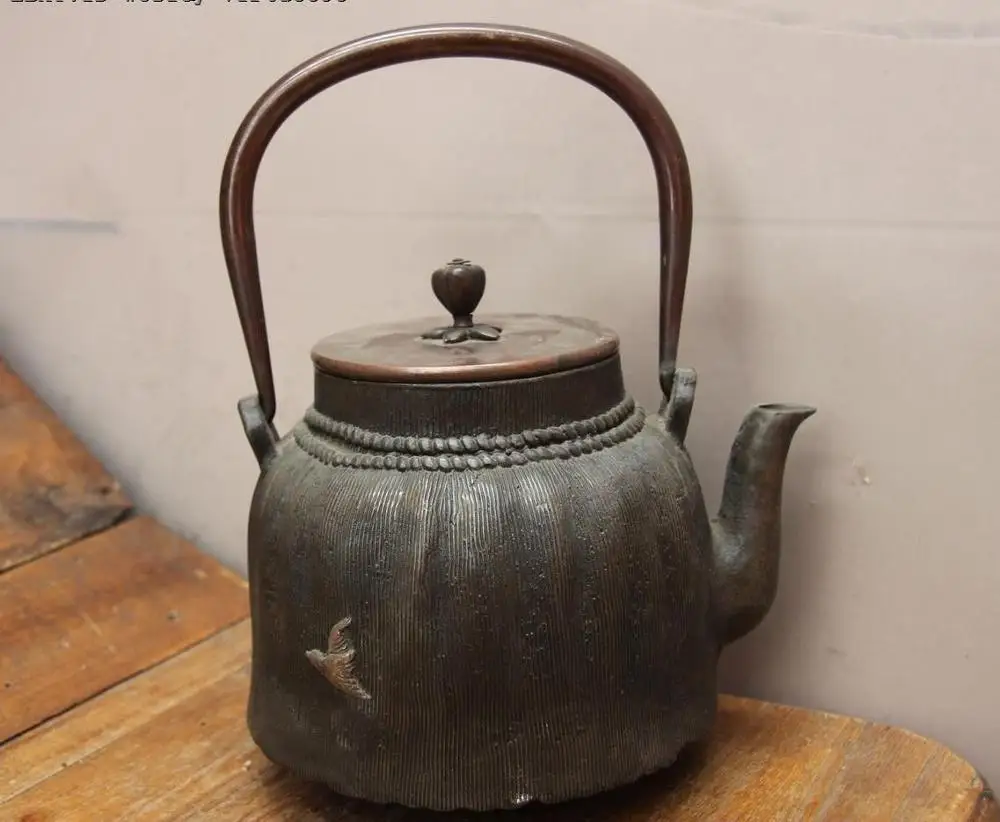 

Archaic Jepan Iron Silver Gilt Bird Sack Bag Water Bottle TeaPot Teakettle Pot