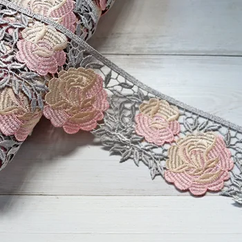 

1 Meter Pink Yellow Flowers embroidery fabrics lace ribbon DIY sewing turban skirt curtain sofa guipure trims craft decorations