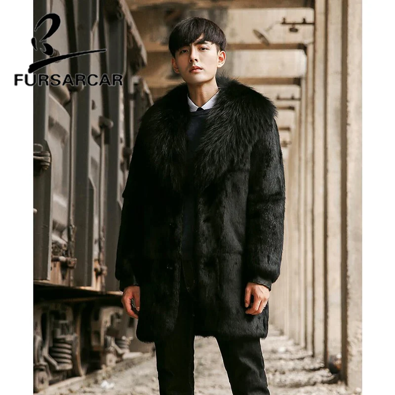

FURSARCAR Black Real Fur Coat Men Winter Natural Rabbit Fur Jacket With Raccoon Fur Collar 2018 New Thick Rex Rabbit Fur Coat