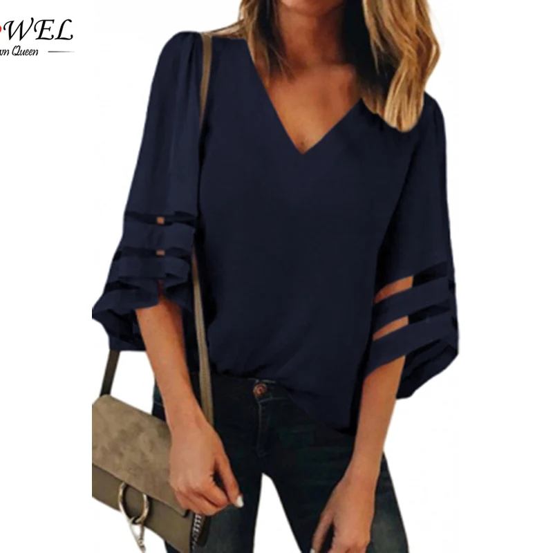 Blue-Flare-Sleeve-V-Neck-Loose-Blouse-LC251204-5-28860 