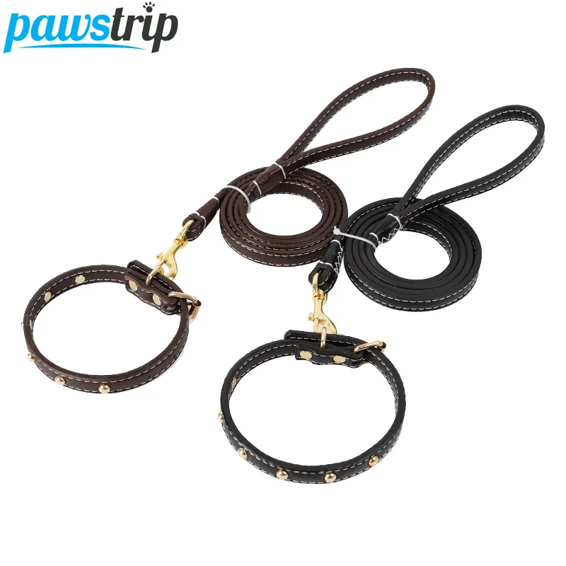 

pawstrip Cow Leather Dog Collar Leash Set 125cm Long Jogging Running Dog Leash Chihuahua Small Puppy Collar