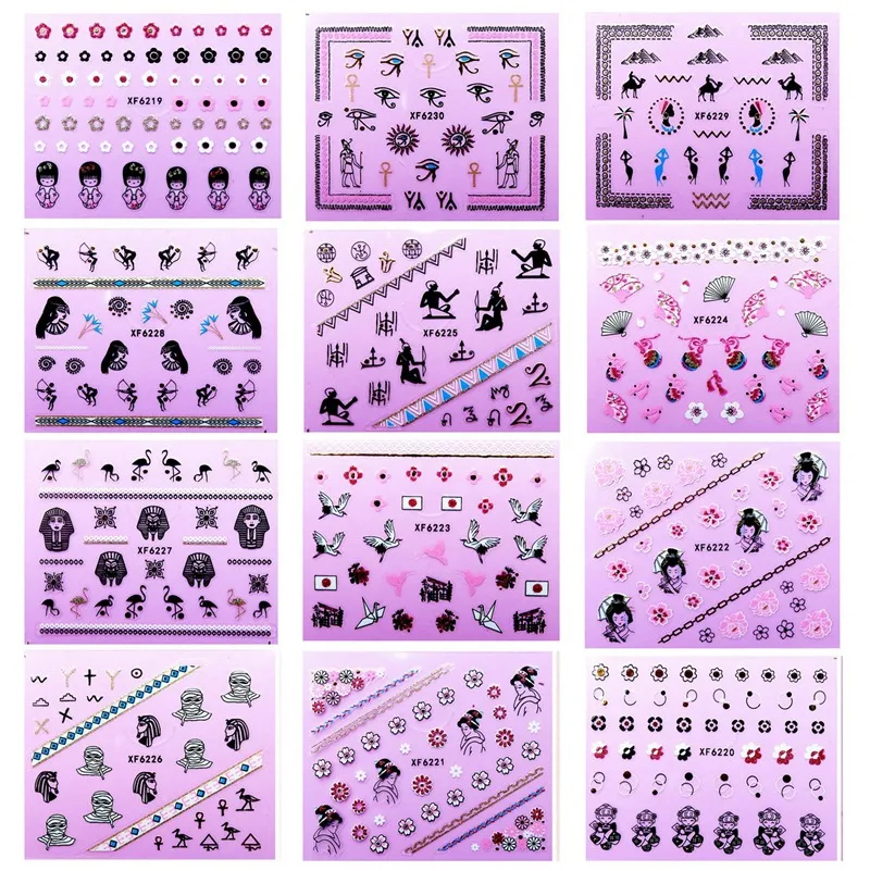 

Xf 12Pcs/Lot 3D Pattern Designs Nail Sticker Set Font Character Animal Pattern Water Transfer Slider For Nails Art Decor Water