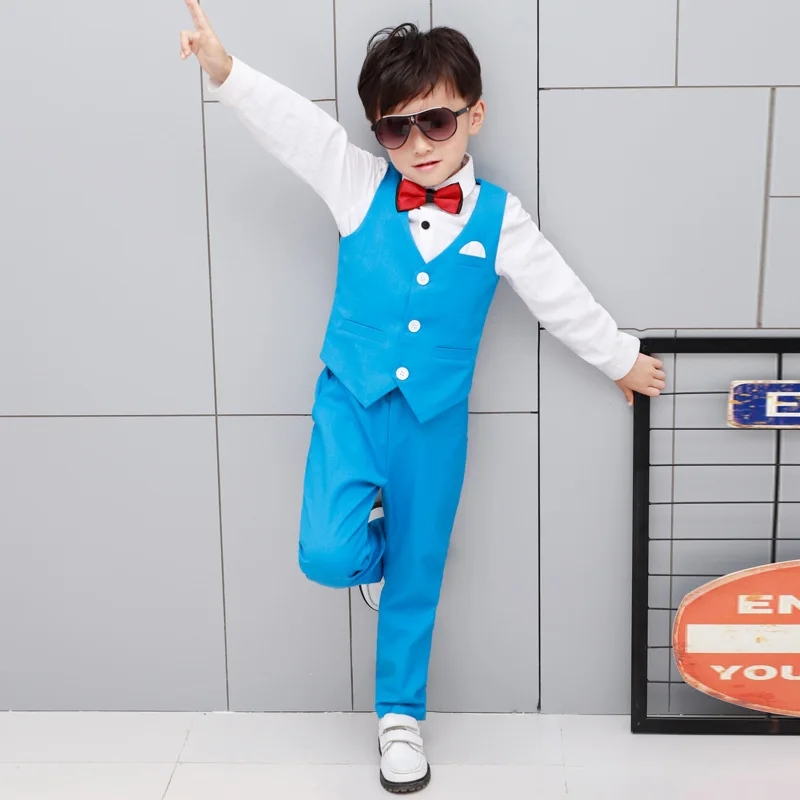 Boys Fashion Short Suits Vest Pants Set Kids Slim Fit 2pcs Suit Set For Boys Formal Classic Costume Wedding Birthday Party Suit - Цвет: B sky