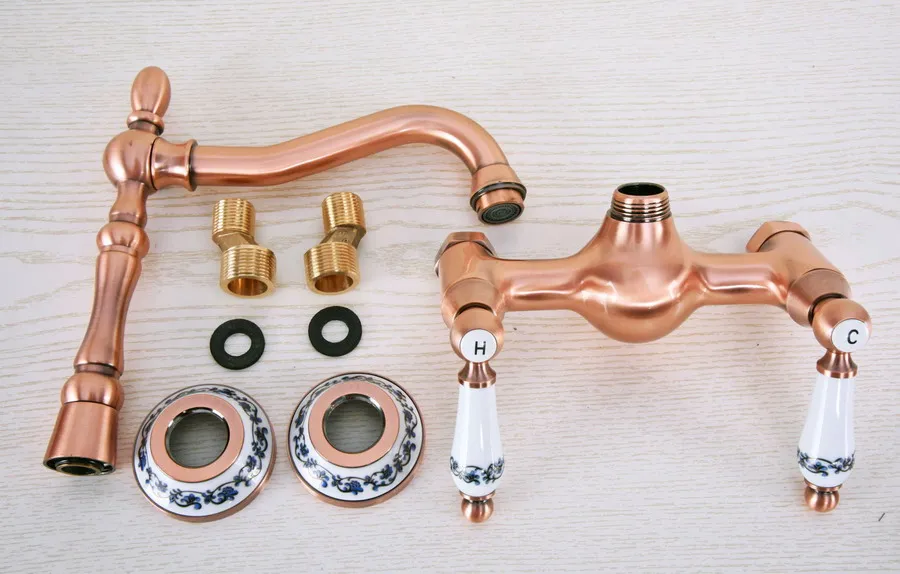 Antique Red Copper Brass Wall Mounted Bathroom Kitchen Sink Faucet Swivel Spout Mixer Tap Dual Ceramics Handles Levers anf953