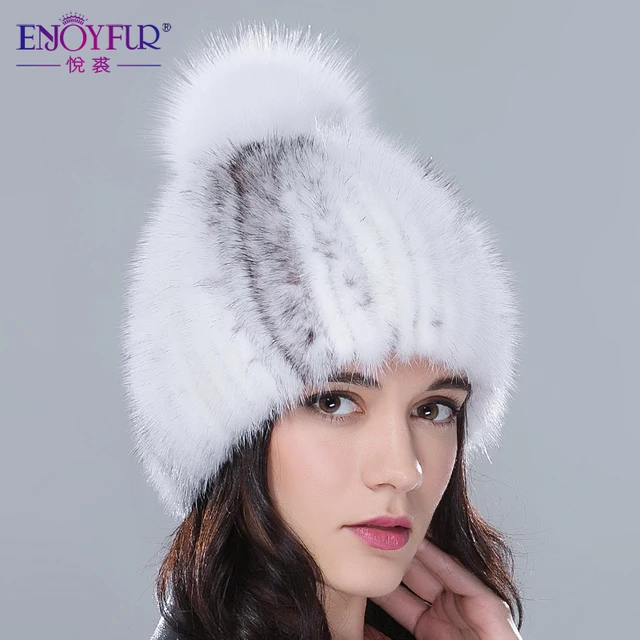ENJOYFUR настоящие норковые меховые шапки женские зимние Меховая шапка женская с лисьим мехом помпоном топ высококачественные роскошные женские трикотажные бобы