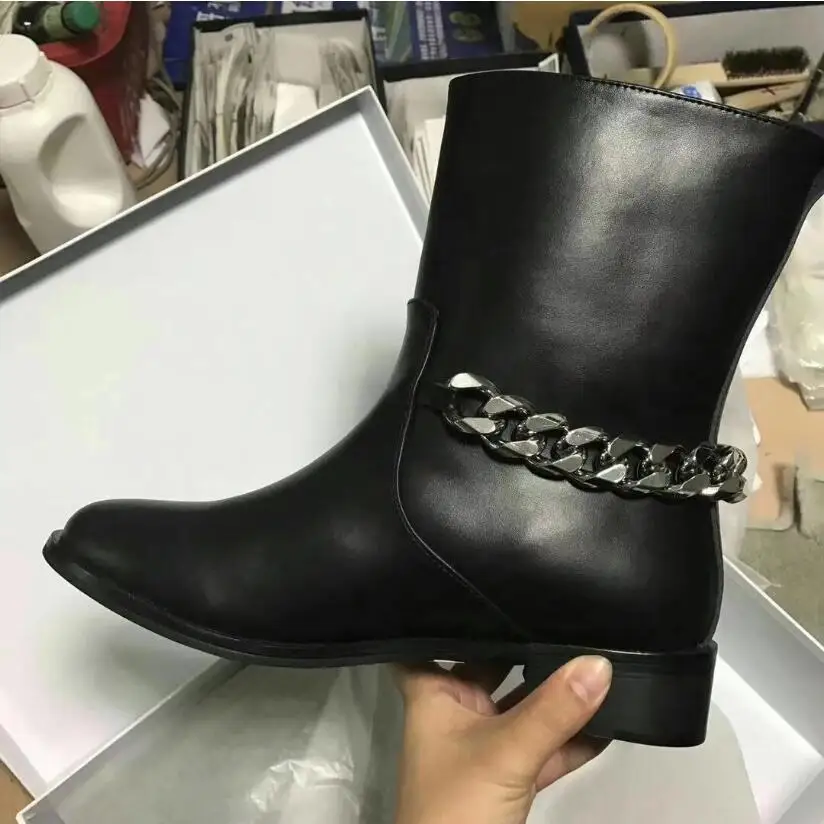 Alta Botas De Black Negro Leather Cadena Knight Cuero Mujeres Moda Redonda Real Punta Rodilla Ankle Espalda Botines black Zapatos 2018 Invierno Señora Mujer Long La xd6IXqX