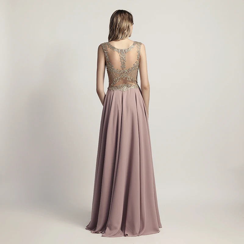 New Arrival Cheap Long Prom Dresses Chiffon Sheer Neck Illusion Back Evening Party Gown Beading Bodice Formal Women Dress OL475