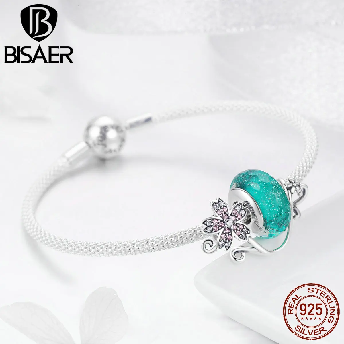 BISAER простой Стерлинговое Серебро 925 зеленый Европейский стеклянный бисер