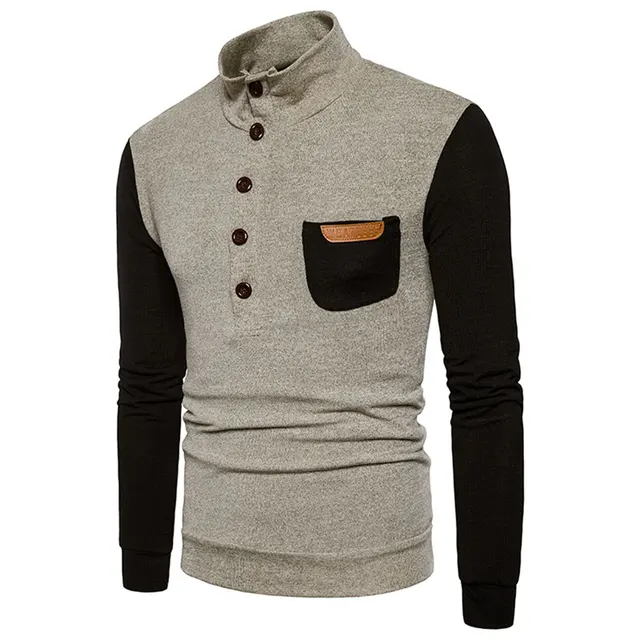 Sweater Man Stand Collar Buttons Color Block Pocket Sweater Winter Warm ...