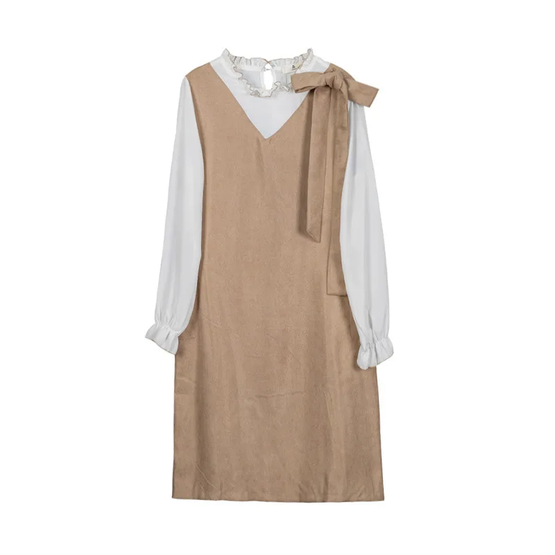 

Women Sweet Lotus leaf collar long sleeve corduroy fake two-piece dress loose chiffon casual