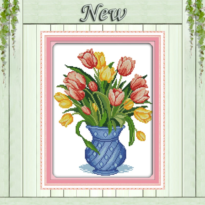 

Colorful Tulip vase,Pattern print on canvas DMC 11CT 14CT Cross Stitch kit,needlework Set hand made embroidery.Beautiful Flower