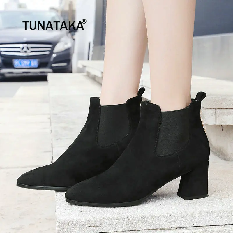 

Women Flock Thick High Heel Chelsea Boots Fashion Pointed Toe Rivet Winter Ankle Boots Black