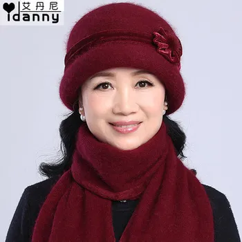 

Autumn and winter elder women hat rabbit fur knitted beanies thickening scarf cap set