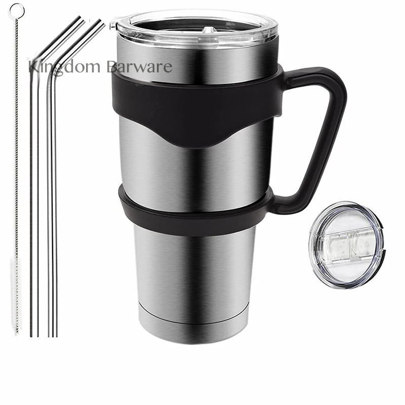 

30 oz Insulated Tumbler Travel Mug, Double Wall Vacuum Insulated Thermal Stainless Steel Cup Bundle with Handle, 1 Lids, 2 Straw