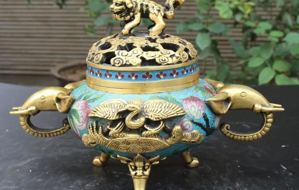 

11" Marked Closionne 24k Gold Gilt Dragon Foo Fu Dog Lion Crane Incense Burner