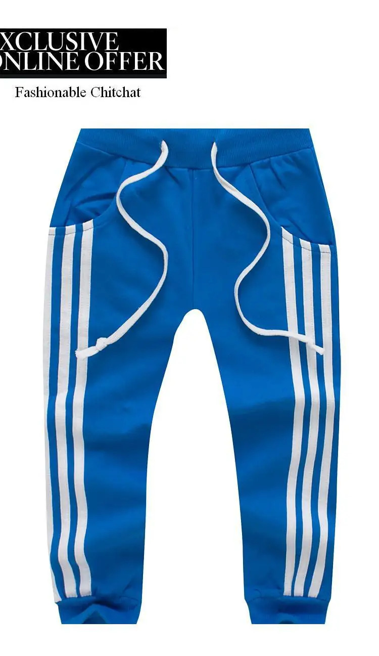 KZ-22, детские штаны для мальчиков, штаны для девочек, спортивные брюки в полоску на боку, махровая ткань из хлопка, 5 цветов - Цвет: BLUE
