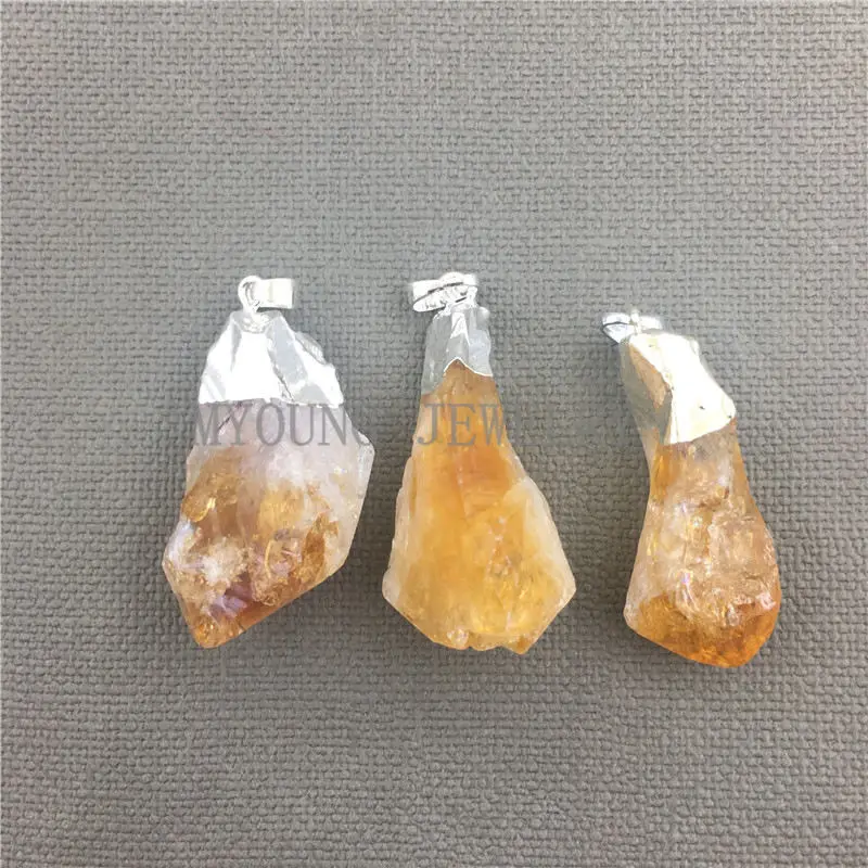 MY0448 Free Form Yellow Crystal Quartz Nugget Point Natural Citrines Pure Silver Color Cap and Bail Stone Pendant | Украшения и