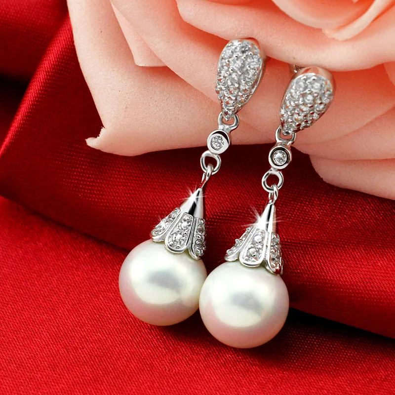 

Trendy Carve Flower 925 Sterling Silver Water Drop Earring Pearl Dangle Earrings Women Brincos Wedding Pearls Jewelry