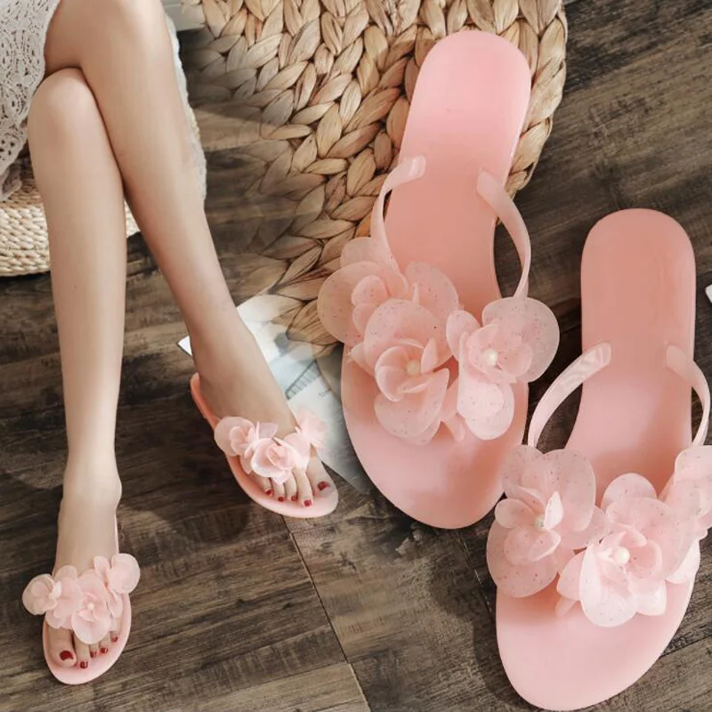 Новинка; Летние вьетнамки с тремя цветами; camellia; прозрачная обувь для улицы; Милая модная пляжная женская обувь; вьетнамки