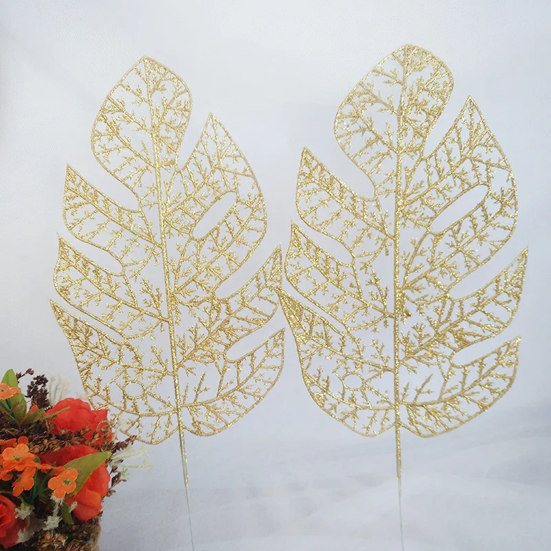 

35cm Silver/Gold Artificial Leaves Plastic Monstera Deliciosa Jungle Leaf Branches Fake Plants Christmas Decoration 20Pcs/Lot