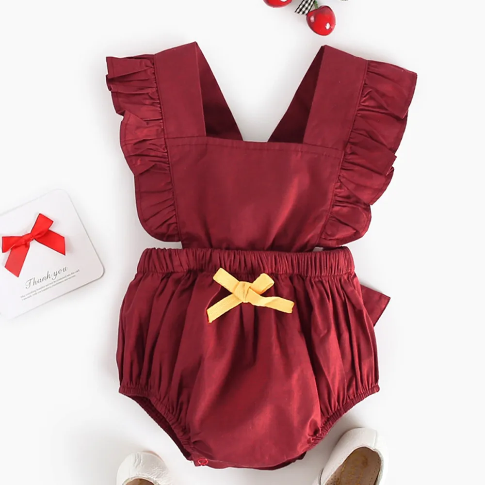 

Summer Newborn Infant Baby Boy Girls Square collar Backless Ruffled Bowknot Rompers Solid Cotton and linen Clothes Outfits Set