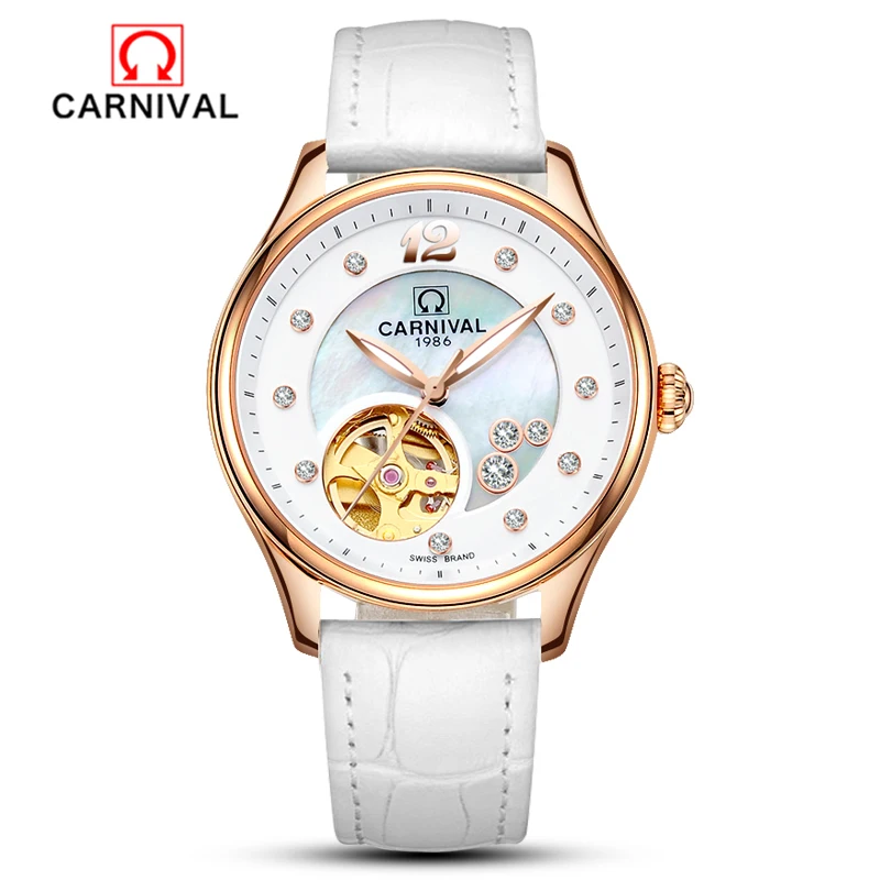 

Carnival Luxury Brand Automatic Mechanical Hollow Dial Girl Dress Business Relogio Feminino Watch Ladies Luxury Genuine Leather