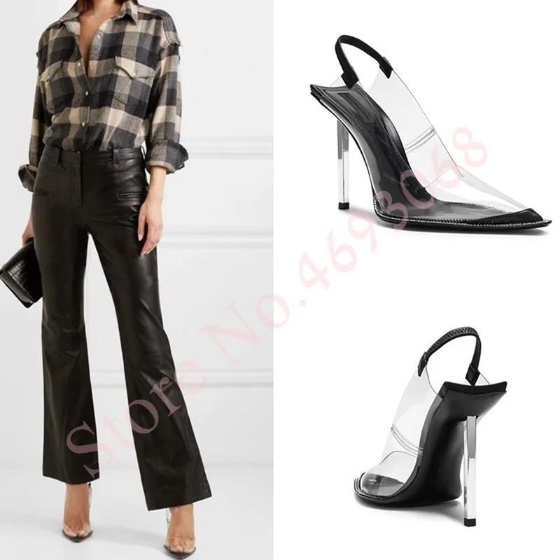 

Sexy Transparent Jelly Shoes PVC Superior Perspex High Heels Silver Metal Embroider Designer shoes Slip On Women Slingback Pumps