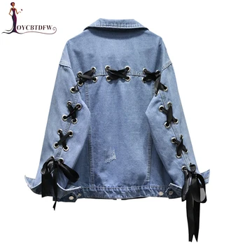 

2018 Autumn New Bow Tie Denim Jacket Women Loose Cotton Denim clothes Long-sleeved Single-breasted Female Coat Short Jacket D973