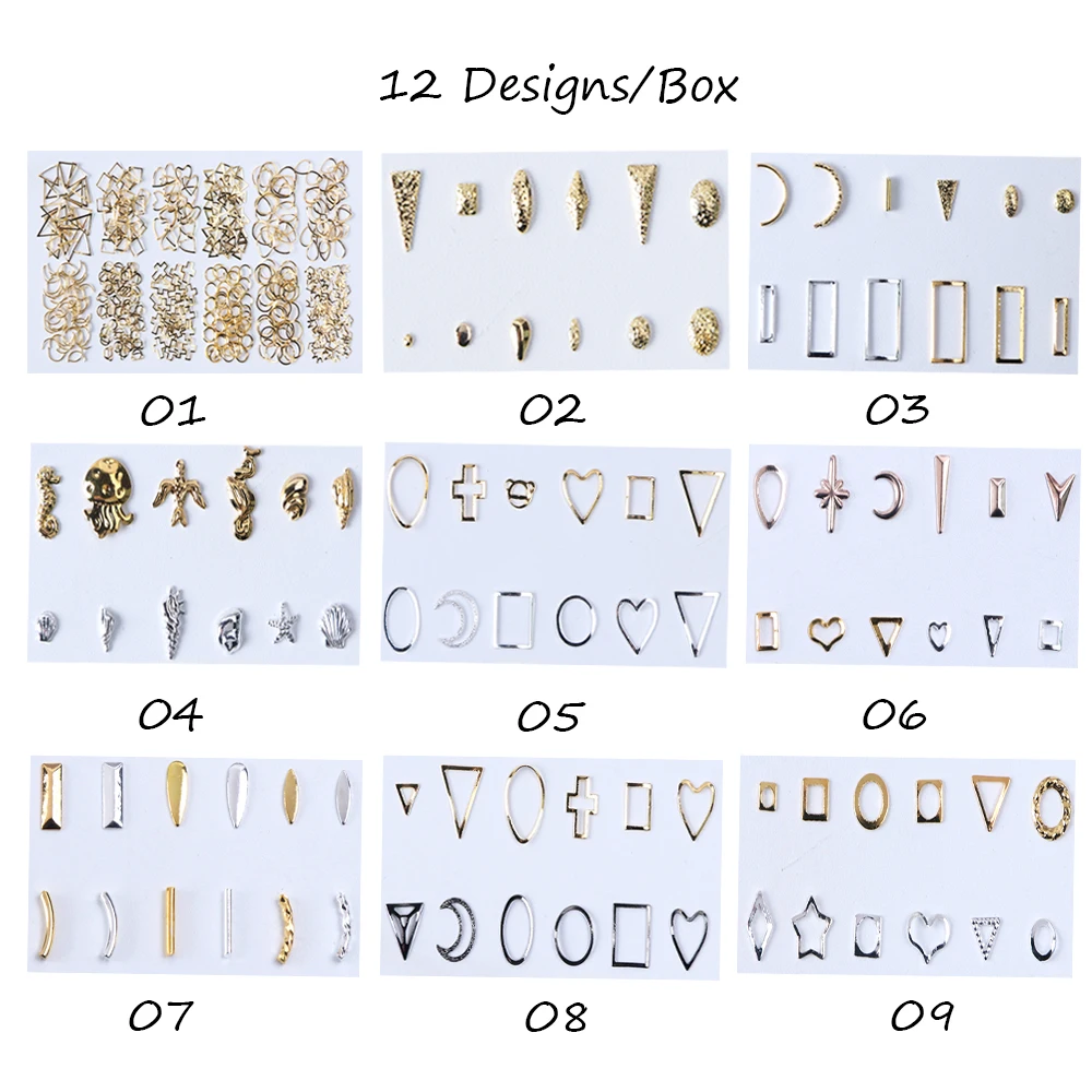 1 Box Gold Silver 3D Nail Art Metal Steel Beads Rivets Frame Seashell Mixed Shape Nail Jewelry DIY Manicure Accessories LA772 (5)-1